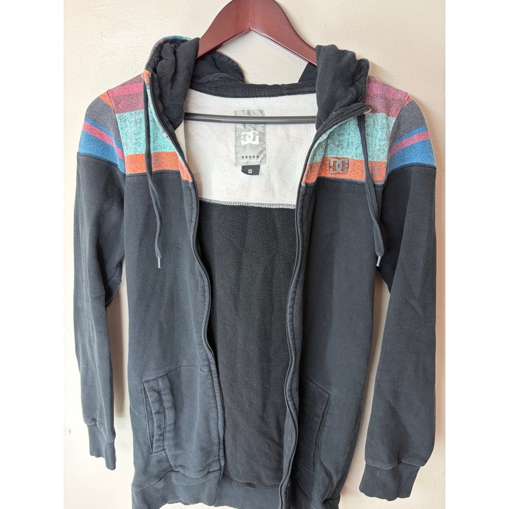 Y2k DC Shoes Mens Full Zip Hoodie Black Striped Colorblock Fleece Sweatshirt Sm